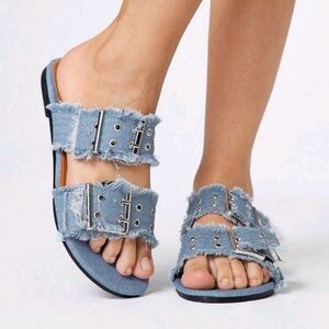 Denim Frayed Double-Buckle Slide Sandals - Light Blue Wash New Sz 8.5